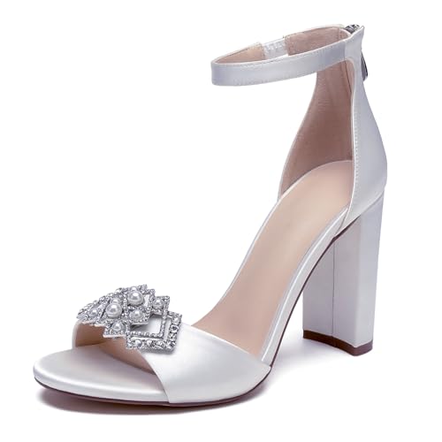 OAUSZC Damen Satin Peep Toe Blockabsatz Knöchelriemen Strass Hochzeit Braut Sandalen,Weiß,39 EU von OAUSZC