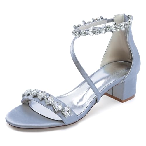 OAUSZC Damen Satin Riemchensandalen Blockabsatz Offen Zehen Hochzeitssandalen Party Abende Brautschuhe 13091-2MF,Silber,36 EU von OAUSZC