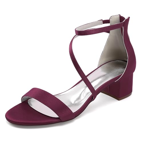 OAUSZC Damen Satin Riemchensandalen Mit Niedrigem Blockabsatz Offene Zehen Brautschuhe Mit Reißverschluss 13091-2,Burgundy,39 EU von OAUSZC
