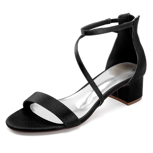 OAUSZC Damen Satin Riemchensandalen Mit Niedrigem Blockabsatz Offene Zehen Brautschuhe Mit Reißverschluss 13091-2,Schwarz,36 EU von OAUSZC