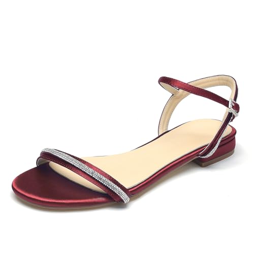OAUSZC Damen Satin Strass Flache Sandalen Brautschuhe Knöchelriemen Offener Zehen Slingback Strand Hochzeitsschuhe,Burgundy,41 EU OAUSZC Damen Satin Strass Flache Sandalen Brautschuhe Knöchelriemen Offener Zehen Slingback Strand Hochzeitsschuhe,Burgundy,41 EU von OAUSZC