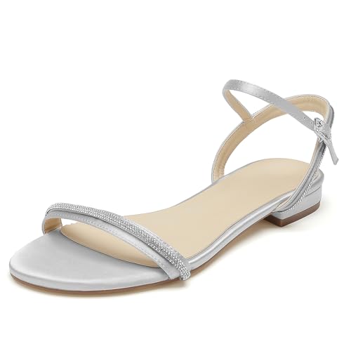 OAUSZC Damen Satin Strass Flache Sandalen Brautschuhe Knöchelriemen Offener Zehen Slingback Strand Hochzeitsschuhe,Silber,41 EU von OAUSZC