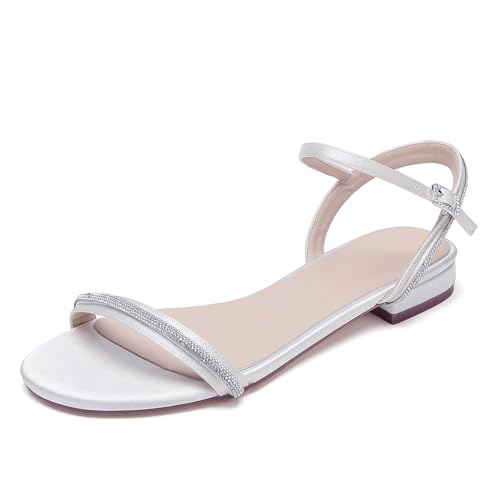OAUSZC Damen Satin Strass Flache Sandalen Brautschuhe Knöchelriemen Offener Zehen Slingback Strand Hochzeitsschuhe,Weiß,39 EU von OAUSZC