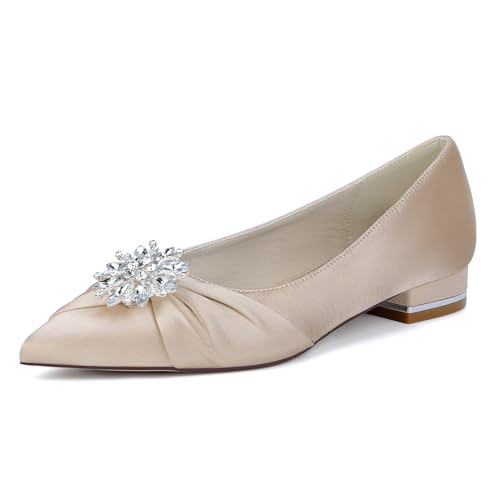 OAUSZC Damen Satin Strass Hochzeit Ballerinas Spitze Zehen Flache Brautschuhe 18447-1Y,Champagne,37 EU von OAUSZC