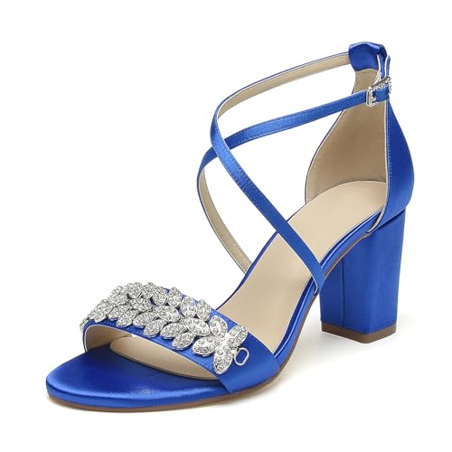 OAUSZC Damen Satin Strass Riemchensandalen Offener Zehen Blockabsatz Hochzeits Brautsandalen,Blau,36 EU von OAUSZC