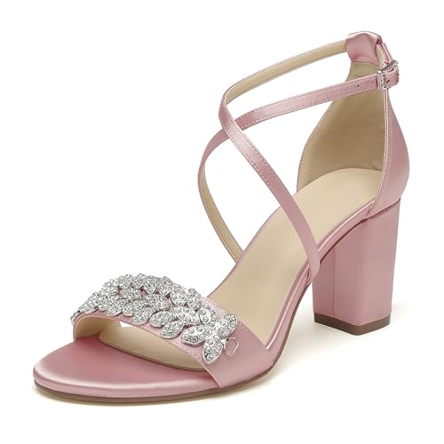 OAUSZC Damen Satin Strass Riemchensandalen Offener Zehen Blockabsatz Hochzeits Brautsandalen,Blush,37 EU von OAUSZC