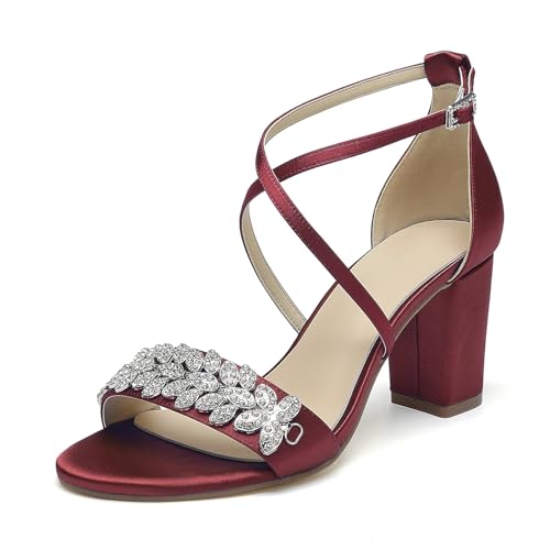 OAUSZC Damen Satin Strass Riemchensandalen Offener Zehen Blockabsatz Hochzeits Brautsandalen,Burgundy,38 EU von OAUSZC