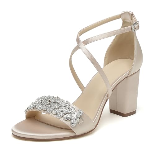OAUSZC Damen Satin Strass Riemchensandalen Offener Zehen Blockabsatz Hochzeits Brautsandalen,Champagne,37 EU von OAUSZC