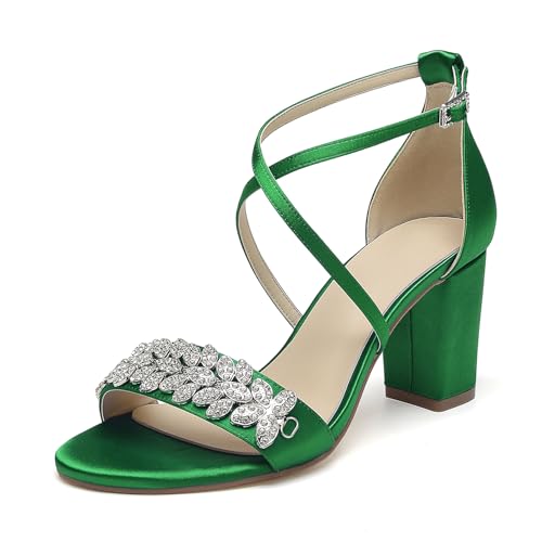 OAUSZC Damen Satin Strass Riemchensandalen Offener Zehen Blockabsatz Hochzeits Brautsandalen,Grün,43 EU von OAUSZC