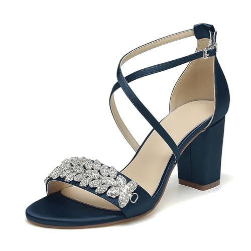 OAUSZC Damen Satin Strass Riemchensandalen Offener Zehen Blockabsatz Hochzeits Brautsandalen,Marine,42 EU von OAUSZC