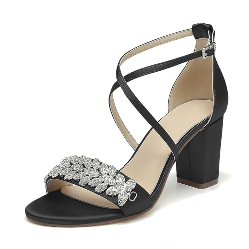 OAUSZC Damen Satin Strass Riemchensandalen Offener Zehen Blockabsatz Hochzeits Brautsandalen,Schwarz,40 EU von OAUSZC