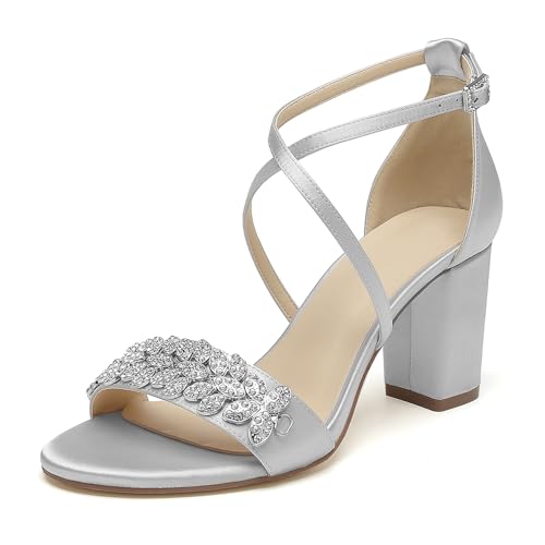 OAUSZC Damen Satin Strass Riemchensandalen Offener Zehen Blockabsatz Hochzeits Brautsandalen,Silber,35 EU von OAUSZC