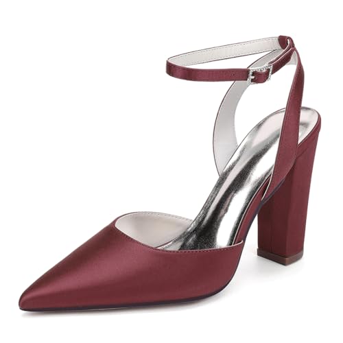 OAUSZC Damen Slingback Brautschuhe Blockabsatz Knöchelriemen Pumps Satin Spitze Zehen Hochzeits Abendschuhe ZK1275-02 CG,Burgundy,43 EU von OAUSZC