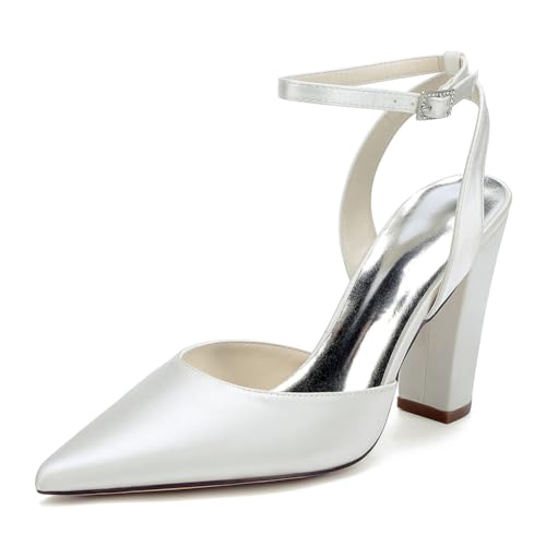 OAUSZC Damen Slingback Brautschuhe Blockabsatz Knöchelriemen Pumps Satin Spitze Zehen Hochzeits Abendschuhe ZK1275-02 CG,Elfenbein,39 EU von OAUSZC