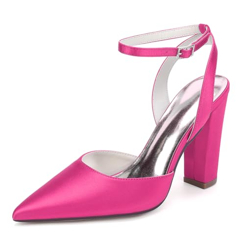 OAUSZC Damen Slingback Brautschuhe Blockabsatz Knöchelriemen Pumps Satin Spitze Zehen Hochzeits Abendschuhe ZK1275-02 CG,Fuchsia,42 EU von OAUSZC