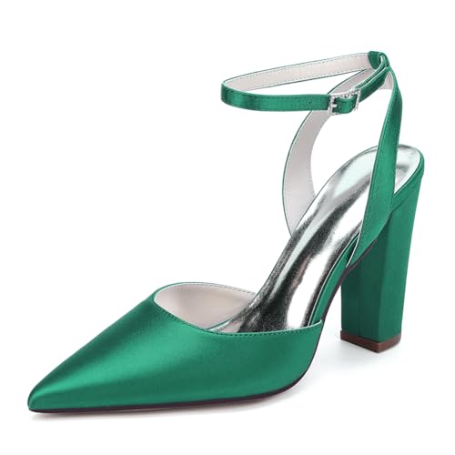 OAUSZC Damen Slingback Brautschuhe Blockabsatz Knöchelriemen Pumps Satin Spitze Zehen Hochzeits Abendschuhe ZK1275-02 CG,Grün,41 EU von OAUSZC