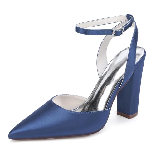 OAUSZC Damen Slingback Brautschuhe Blockabsatz Knöchelriemen Pumps Satin Spitze Zehen Hochzeits Abendschuhe ZK1275-02 CG,Marine,43 EU von OAUSZC