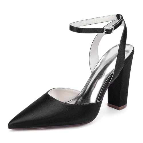OAUSZC Damen Slingback Brautschuhe Blockabsatz Knöchelriemen Pumps Satin Spitze Zehen Hochzeits Abendschuhe ZK1275-02 CG,Schwarz,37 EU von OAUSZC