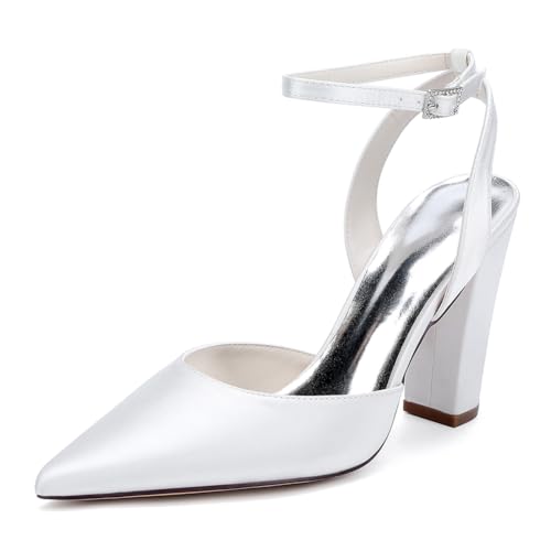 OAUSZC Damen Slingback Brautschuhe Blockabsatz Knöchelriemen Pumps Satin Spitze Zehen Hochzeits Abendschuhe ZK1275-02 CG,Weiß,41 EU von OAUSZC