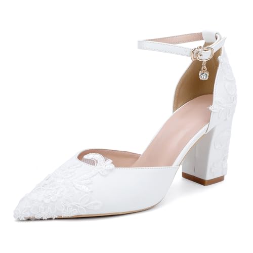 OAUSZC Damen Spitze Hochzeitsschuhe Mit Blockabsatz Knöchelriemen Geschlossene Zehen Party Abend Brautschuhe 272-01H PU,Weiß,43 EU von OAUSZC