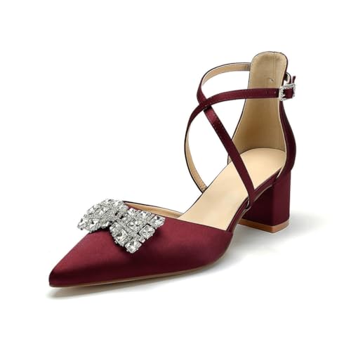 OAUSZC Damen Spitze Zehen Pumps Niedriger Blockabsatz Satin Knöchelriemen Strass Hochzeits Brautschuhe,Burgundy,42 EU von OAUSZC
