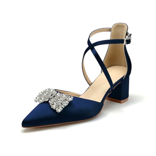 OAUSZC Damen Spitze Zehen Pumps Niedriger Blockabsatz Satin Knöchelriemen Strass Hochzeits Brautschuhe,Marine,37 EU von OAUSZC