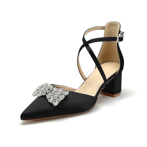 OAUSZC Damen Spitze Zehen Pumps Niedriger Blockabsatz Satin Knöchelriemen Strass Hochzeits Brautschuhe,Schwarz,37 EU von OAUSZC