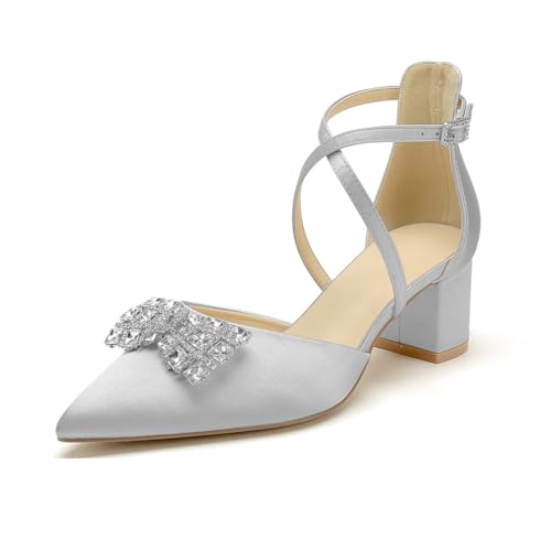 OAUSZC Damen Spitze Zehen Pumps Niedriger Blockabsatz Satin Knöchelriemen Strass Hochzeits Brautschuhe,Silber,39 EU von OAUSZC