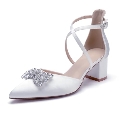 OAUSZC Damen Spitze Zehen Pumps Niedriger Blockabsatz Satin Knöchelriemen Strass Hochzeits Brautschuhe,Weiß,42 EU von OAUSZC