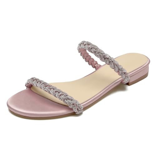 OAUSZC Damen Strass Flache Riemen Sandalen Offene Zehen Satin Hochzeits Brautschuhe Strand Sandalen Pantoletten,Blush,38 EU von OAUSZC