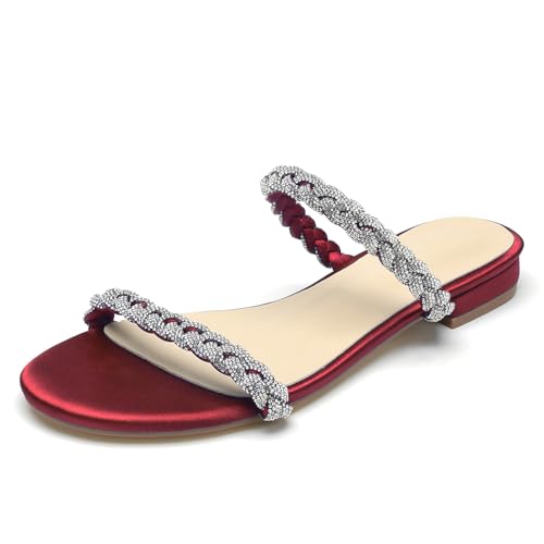 OAUSZC Damen Strass Flache Riemen Sandalen Offene Zehen Satin Hochzeits Brautschuhe Strand Sandalen Pantoletten,Burgundy,38 EU von OAUSZC