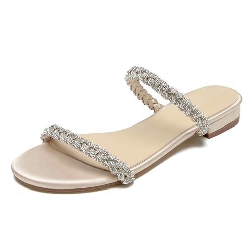 OAUSZC Damen Strass Flache Riemen Sandalen Offene Zehen Satin Hochzeits Brautschuhe Strand Sandalen Pantoletten,Champagne,37 EU von OAUSZC