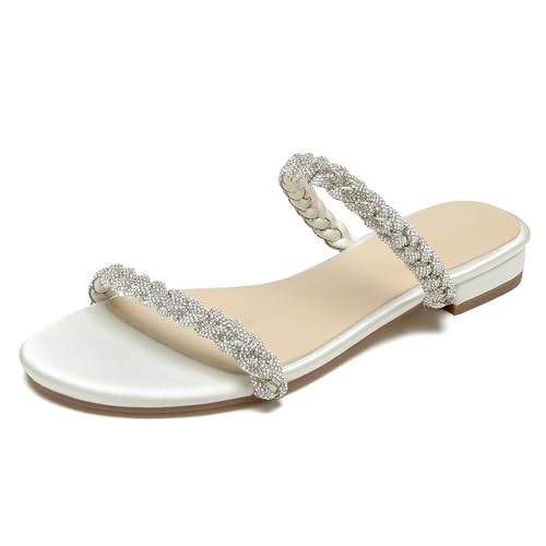 OAUSZC Damen Strass Flache Riemen Sandalen Offene Zehen Satin Hochzeits Brautschuhe Strand Sandalen Pantoletten,Elfenbein,38 EU von OAUSZC