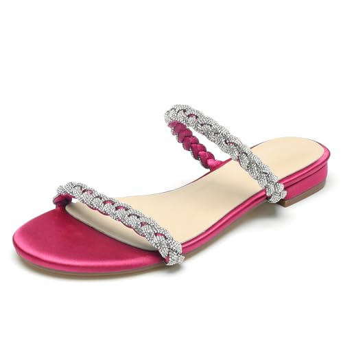 OAUSZC Damen Strass Flache Riemen Sandalen Offene Zehen Satin Hochzeits Brautschuhe Strand Sandalen Pantoletten,Fuchsia,38 EU OAUSZC Damen Strass Flache Riemen Sandalen Offene Zehen Satin Hochzeits Brautschuhe Strand Sandalen Pantoletten,Fuchsia,38 EU von OAUSZC