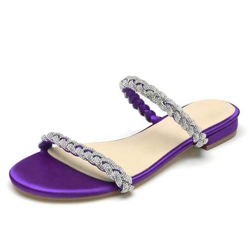 OAUSZC Damen Strass Flache Riemen Sandalen Offene Zehen Satin Hochzeits Brautschuhe Strand Sandalen Pantoletten,Lila,40 EU von OAUSZC