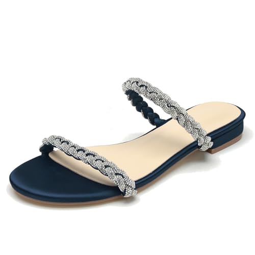 OAUSZC Damen Strass Flache Riemen Sandalen Offene Zehen Satin Hochzeits Brautschuhe Strand Sandalen Pantoletten,Marine,38 EU von OAUSZC