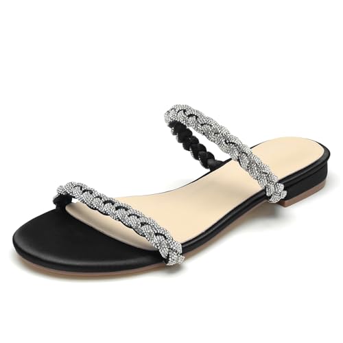 OAUSZC Damen Strass Flache Riemen Sandalen Offene Zehen Satin Hochzeits Brautschuhe Strand Sandalen Pantoletten,Schwarz,40 EU von OAUSZC