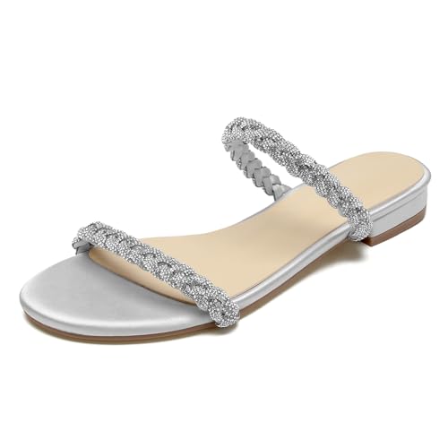 OAUSZC Damen Strass Flache Riemen Sandalen Offene Zehen Satin Hochzeits Brautschuhe Strand Sandalen Pantoletten,Silber,39 EU OAUSZC Damen Strass Flache Riemen Sandalen Offene Zehen Satin Hochzeits Brautschuhe Strand Sandalen Pantoletten,Silber,39 EU von OAUSZC