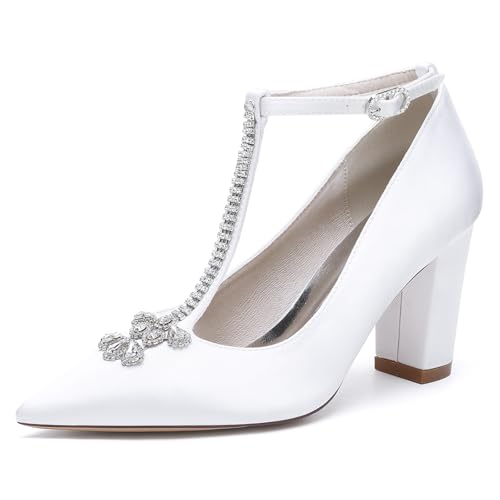 OAUSZC Damen T-Riemchen Hochzeits Pumps Mit Blockabsatz Strass Satin Geschlossene Zehen Brautschuhe Ballschuhe 22014-59T,Weiß,39 EU OAUSZC Damen T-Riemchen Hochzeits Pumps Mit Blockabsatz Strass Satin Geschlossene Zehen Brautschuhe Ballschuhe 22014-59T,Weiß,39 EU von OAUSZC