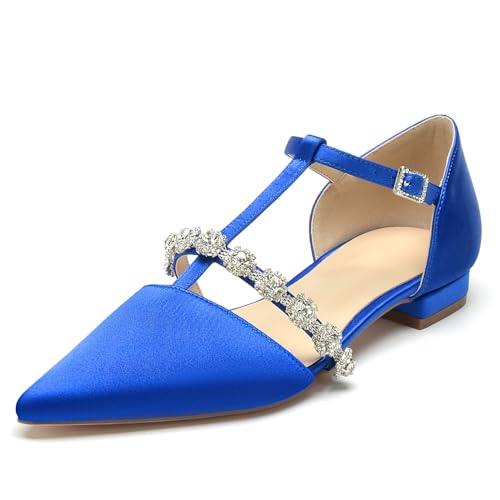 OAUSZC Damen T-Riemen Ballerinas Hochzeit Satin Strass Spitze Zehen Flache Abschlussball Party Brautschuhe,Blau,38 EU von OAUSZC