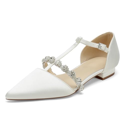 OAUSZC Damen T-Riemen Ballerinas Hochzeit Satin Strass Spitze Zehen Flache Abschlussball Party Brautschuhe,Elfenbein,39 EU OAUSZC Damen T-Riemen Ballerinas Hochzeit Satin Strass Spitze Zehen Flache Abschlussball Party Brautschuhe,Elfenbein,39 EU von OAUSZC