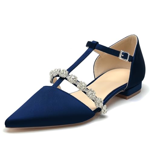 OAUSZC Damen T-Riemen Ballerinas Hochzeit Satin Strass Spitze Zehen Flache Abschlussball Party Brautschuhe,Marine,41 EU von OAUSZC