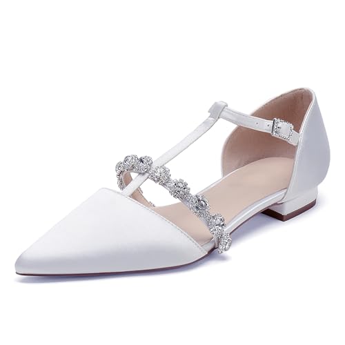 OAUSZC Damen T-Riemen Ballerinas Hochzeit Satin Strass Spitze Zehen Flache Abschlussball Party Brautschuhe,Weiß,41 EU OAUSZC Damen T-Riemen Ballerinas Hochzeit Satin Strass Spitze Zehen Flache Abschlussball Party Brautschuhe,Weiß,41 EU von OAUSZC