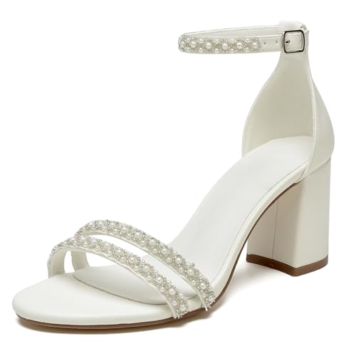 OAUSZC Elfenbein,37 EU, Hochzeiten Sandalen Blockabsatz 8 cm Damen Perlen Knöchelriemen Offene Zehen Absatz Brautschuhe von OAUSZC
