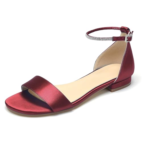 OAUSZC Flache Brautsandalen Damen Offener Zehen Knöchelriemen Satin Hochzeitsschuhe Kleid Abendsandalen,Burgundy,42 EU OAUSZC Flache Brautsandalen Damen Offener Zehen Knöchelriemen Satin Hochzeitsschuhe Kleid Abendsandalen,Burgundy,42 EU von OAUSZC
