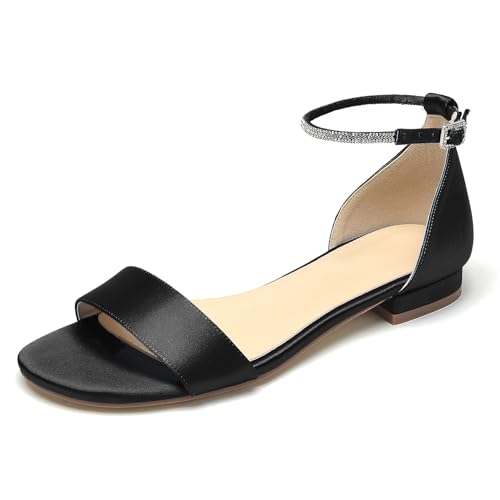 OAUSZC Flache Brautsandalen Damen Offener Zehen Knöchelriemen Satin Hochzeitsschuhe Kleid Abendsandalen,Schwarz,42 EU OAUSZC Flache Brautsandalen Damen Offener Zehen Knöchelriemen Satin Hochzeitsschuhe Kleid Abendsandalen,Schwarz,42 EU von OAUSZC