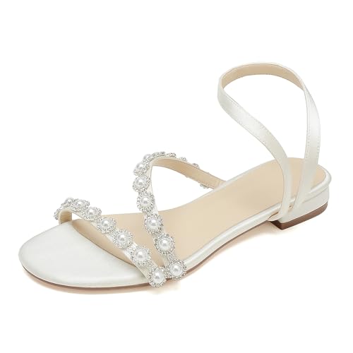 OAUSZC Flache Brautschuhe Sandalen Mit Perlen Satin Riemchen Offene Zehen Hochzeitsschuhe Ballschuhe,Elfenbein,42 EU von OAUSZC
