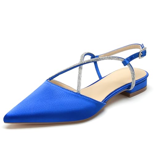 OAUSZC Flache Brautschuhe Slingback Ballerinas Damen Satin Strass Spitze Zehen Flache Party Hochzeitsschuhe Abendschuhe,Blau,38 EU von OAUSZC