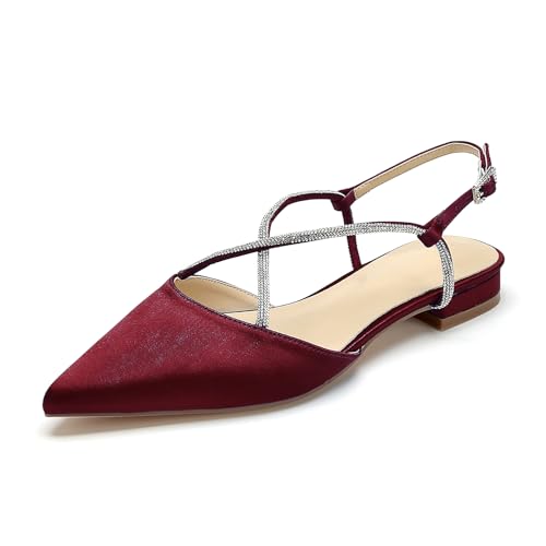 OAUSZC Flache Brautschuhe Slingback Ballerinas Damen Satin Strass Spitze Zehen Flache Party Hochzeitsschuhe Abendschuhe,Burgundy,36 EU von OAUSZC
