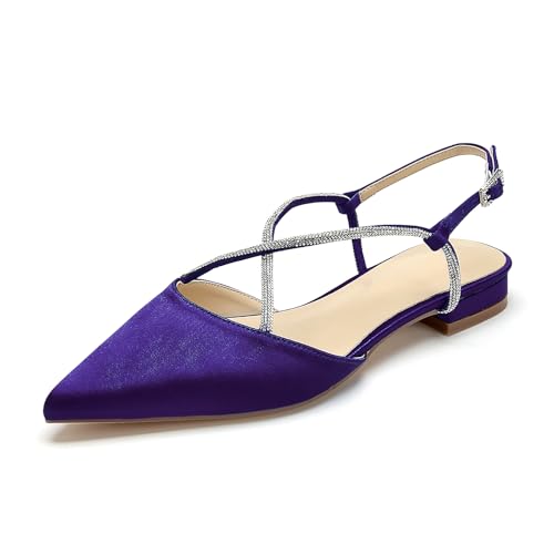 OAUSZC Flache Brautschuhe Slingback Ballerinas Damen Satin Strass Spitze Zehen Flache Party Hochzeitsschuhe Abendschuhe,Lila,37 EU von OAUSZC